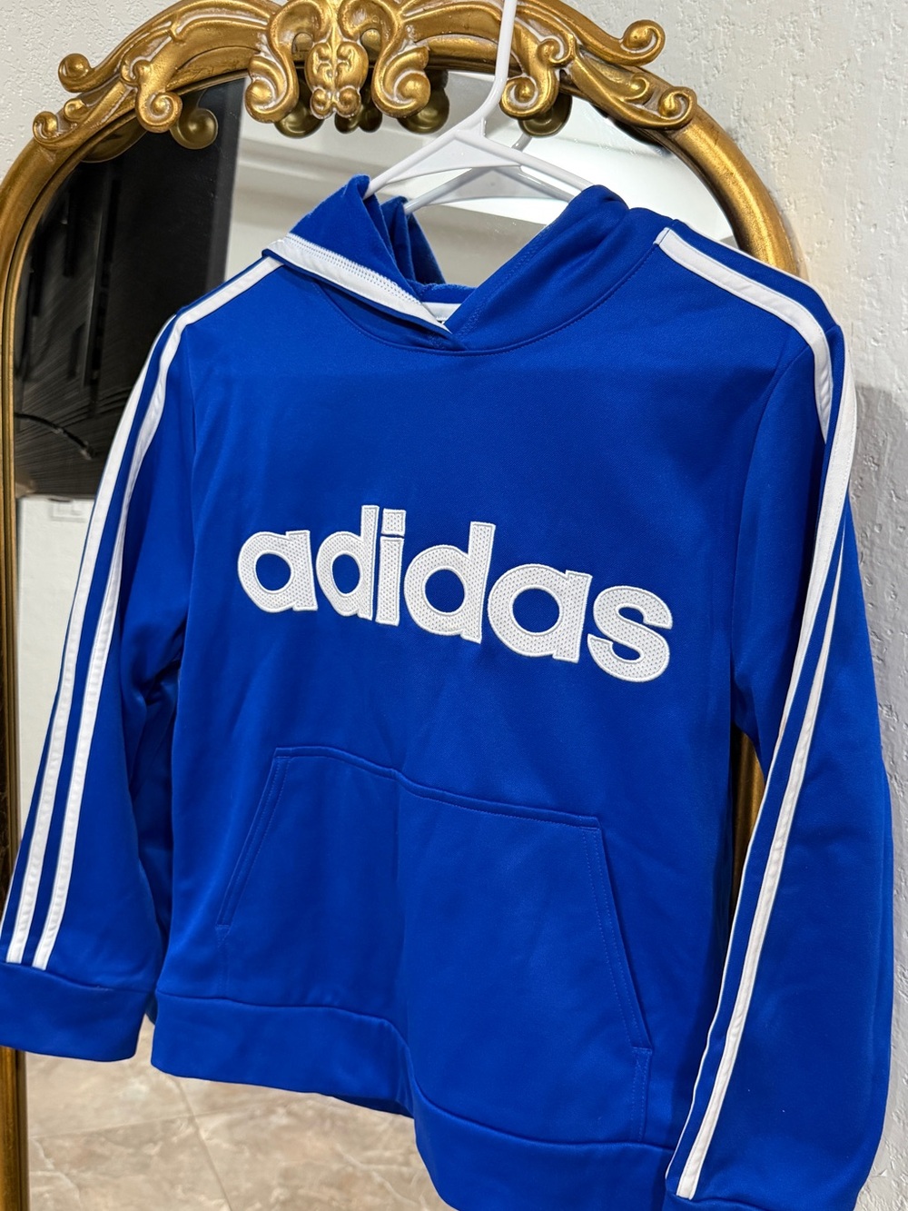 adidas Royal Blue Pullover Hoodie with White Logo & Stripes